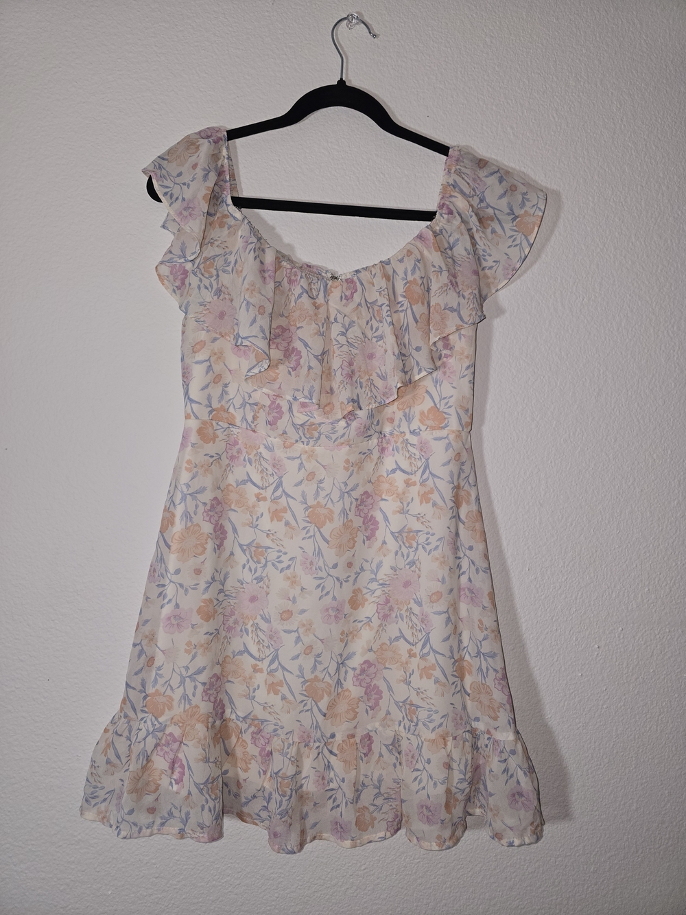 Ruffled Floral Mini Dress - Cream with Pink & Peach Blossoms
